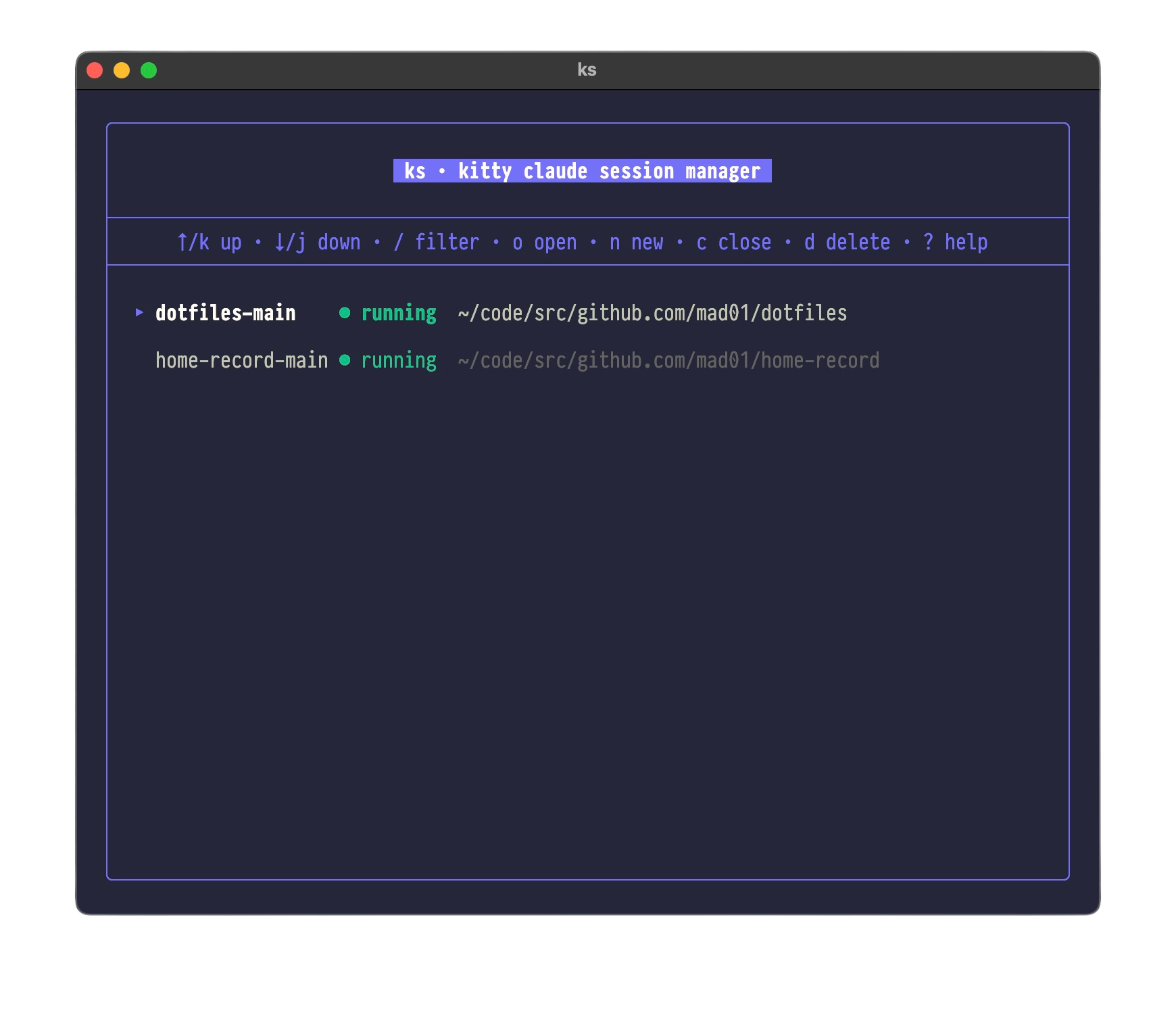 Session list showing status badges, directories, and Claude context